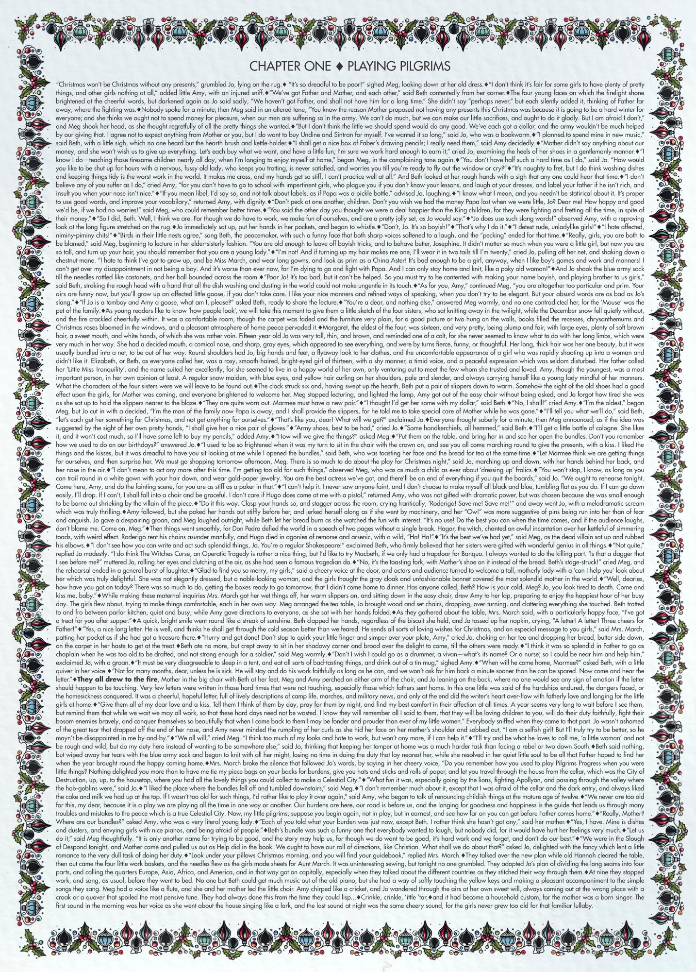 The Entire First Chapter of Little Women on Back of Puzzle in clean readable font with vintage ornament border