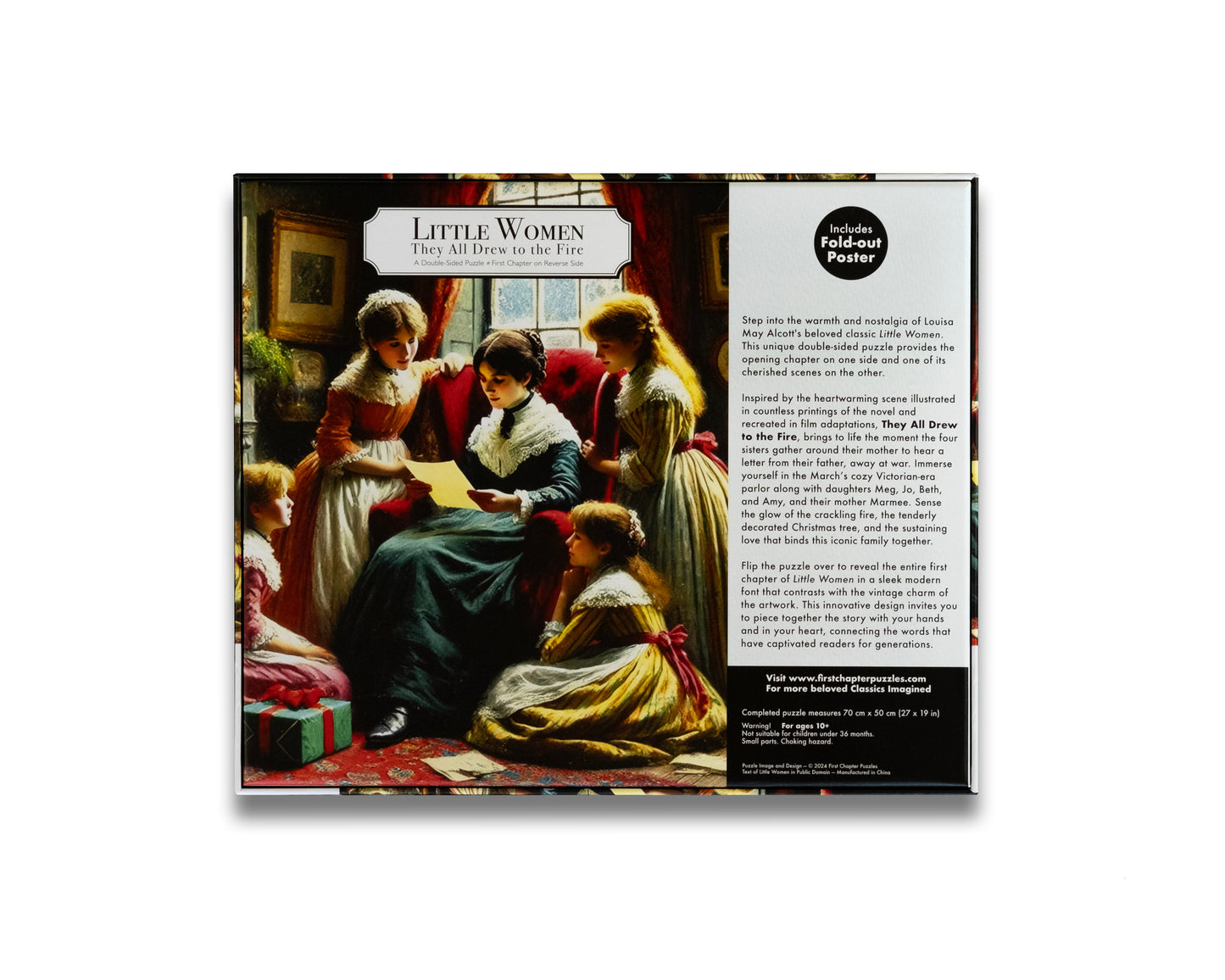Back of the Little Women double-sided jigsaw puzzle box featuring a detailed book-style description, echoing the design of a literary dust jacket, perfect for displaying alongside your favorite hardcover books.