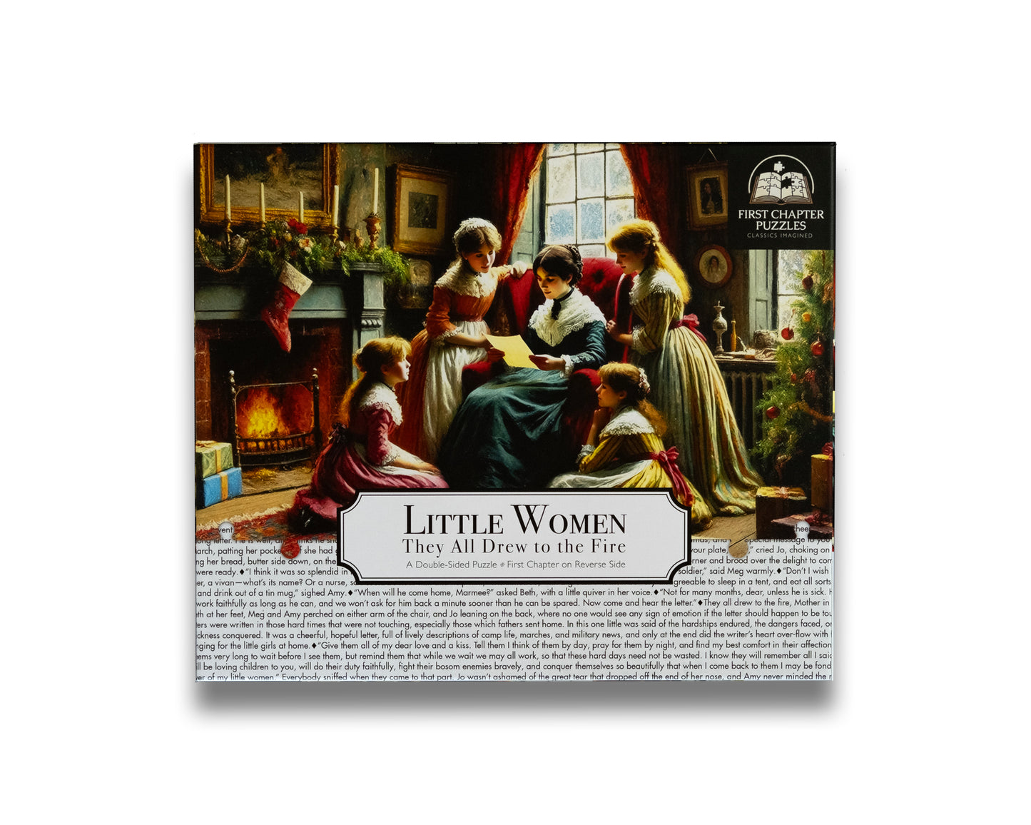 Front of the Little Women double-sided jigsaw puzzle box featuring a classic Christmas scene illustration from the novel, with the title 'They All Drew to the Fire' and premium branding by First Chapter Puzzles.