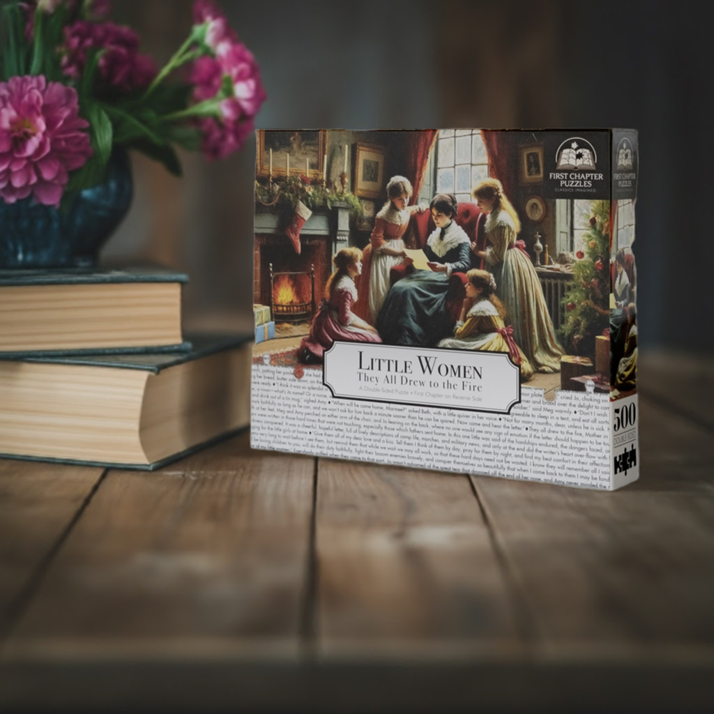 A 500 piece literary themed jigsaw puzzle depicting a beautifully illustrated scene from Louisa May Alcott's classic novel Little Women sitting on rustic table with old leather bound books and vase of flowers